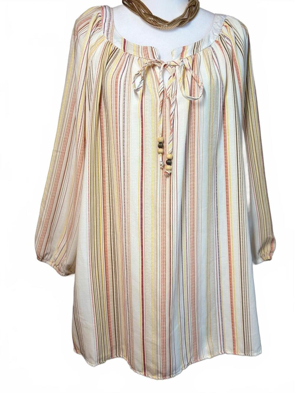 Sara Michelle Cream striped tunic with beaded tie neck 3X
